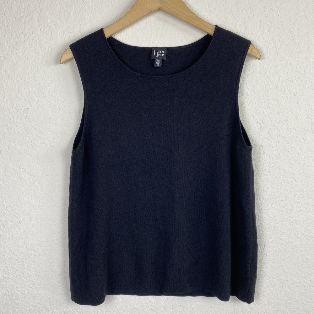 Vintage Eileen Fisher Top Size 1X Black 100% Wool Preppy Minimalist Tank 90s